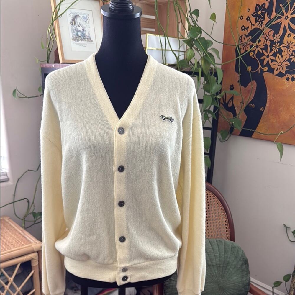 Vintage 70s/80s JC Penny The Fox Pale Yellow Button Up Preppy Cardigan Sweater